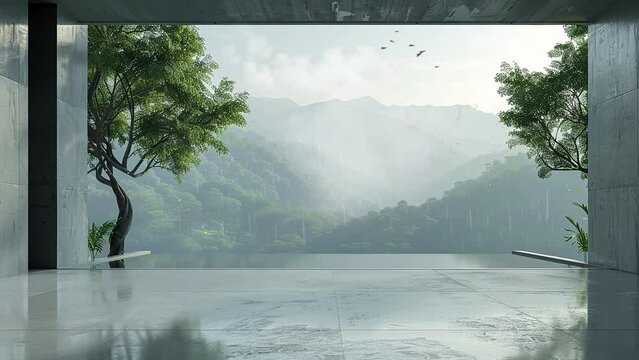 the interior minimal empty space. beautiful nature view from window. seamless looping overlay 4k virtual video animation background