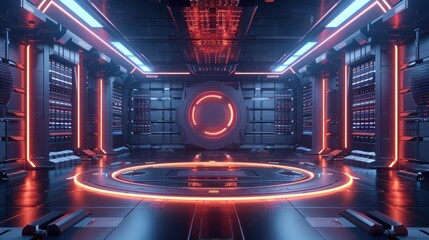 Futuristic room with neon lights and a glowing circular portal, representing advanced technology and cyber security.