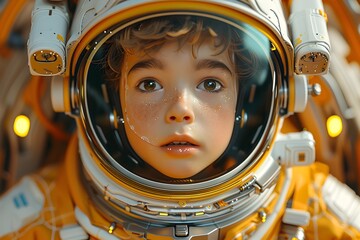A Little Boy in an Orange Astronaut Suit Staring into Space - obrazy, fototapety, plakaty