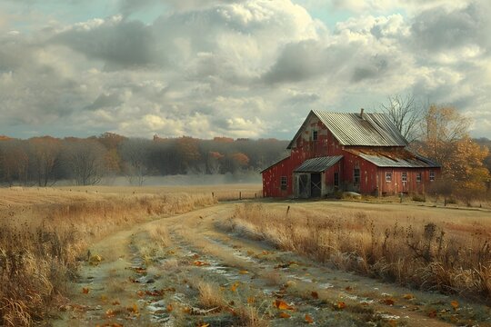 Autumn Red Barn in a Delicately Rendered Landscape