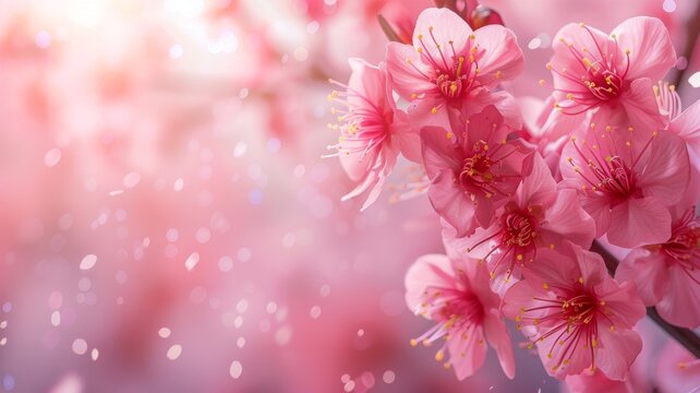 Pink cherry tree blossom flowers blooming in spring, a natural sunny blurred garden banner background with beautiful pink sakura flowers