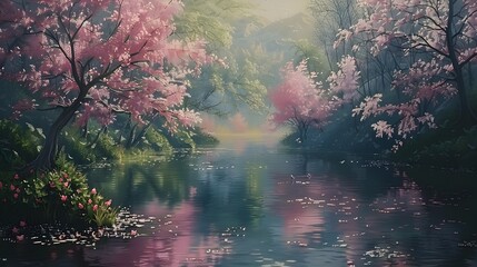 Pink Blossom Trees Reflected in a River - Realistic Style