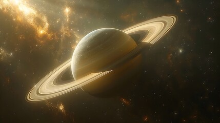 Saturn in Space Gold Rings Surrounded by Stars
