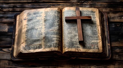 Rustic Old Bible and Cross on Wooden Background