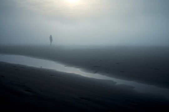 Silhouette of a lone figure disappearing into the mist on an empty beach, wallpaper background