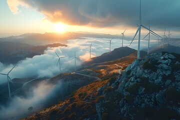 Wind Turbines at Sunrise with Atmospheric Clouds - obrazy, fototapety, plakaty
