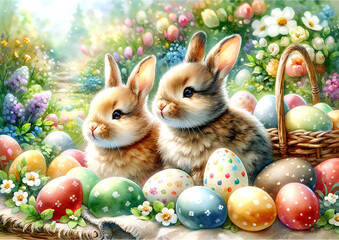Fototapeta na wymiar Watercolor of rabbits and eggs for Easter