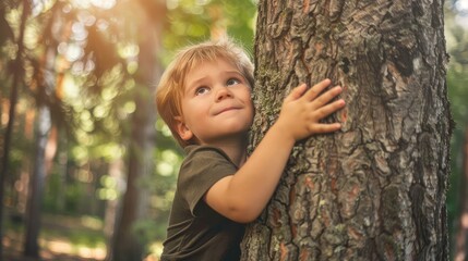 Cute little boy hugging a tree in the park on a sunny day