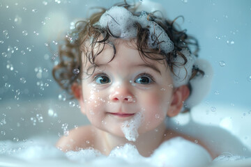 A cute and playful infant surrounded by soap suds in the bathtub - obrazy, fototapety, plakaty