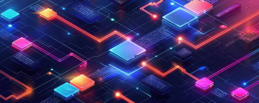 A colorful and dynamic illustration of flowchart components combining to create a cohesive workflow automation system