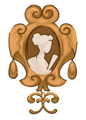 Cameo brooch, gold jewelry with portrait of woman