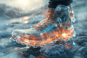 Creating a digital artwork featuring futuristic sneakers for outdoor sports and health tracking - obrazy, fototapety, plakaty