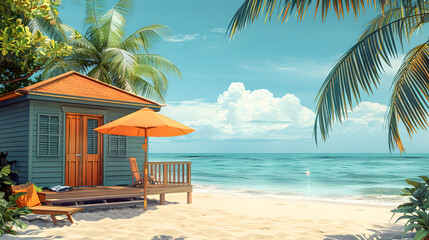A small cottage on a white sandy beach. The beach is surrounded by crystal blue water and is lined with palm trees. The sky is blue with large white clouds.