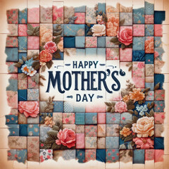 Harmonious mosaic of vintage floral fabric pieces with elegant "Happy Mother's Day" typography, perfect for celebrating mom.
