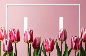 minimalist printing frame with white lines on a light pink tulip background.