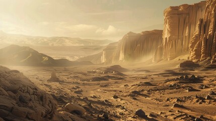 Mars-like desert landscape with rugged terrain and reddish soil, evoking extraterrestrial and space...