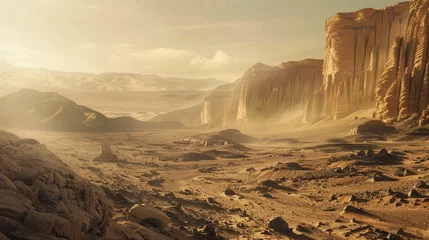 Foto op Aluminium Mars-like desert landscape with rugged terrain and reddish soil, evoking extraterrestrial and space exploration. © Gregory O'Brien