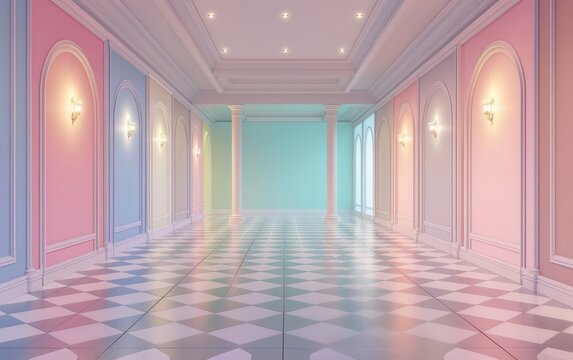 Elegant pastel hallway with checkered floor and wall sconces, ideal for chic background or graphic design.