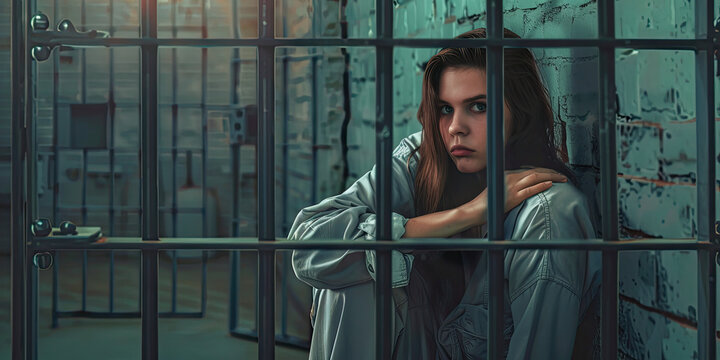 Prisoner, person locked up in jail prison behind bars sentence justice system, arrested, penitentiary detention centre, generated ai