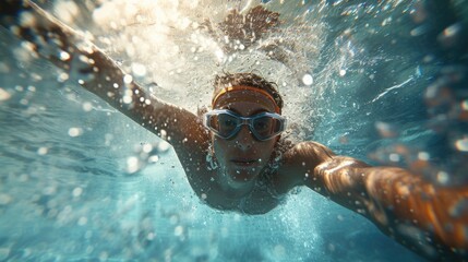 A man is seen swimming beneath the waters surface in a pool.