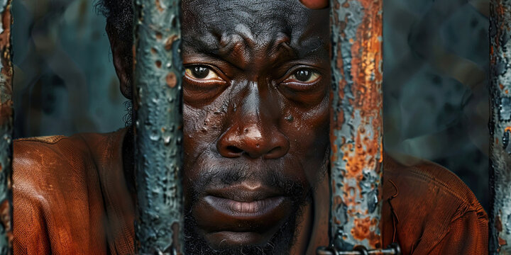 Prisoner, person locked up in jail prison behind bars sentence justice system, arrested, penitentiary detention centre, generated ai