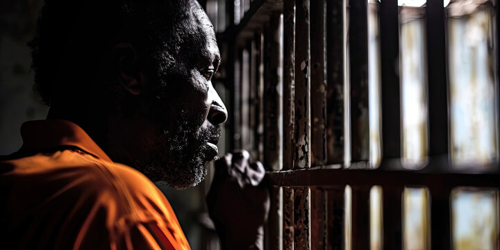 Prisoner, person locked up in jail prison behind bars sentence justice system, arrested, penitentiary detention centre, generated ai