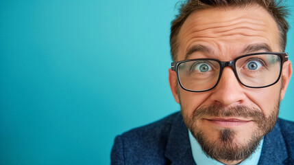 Man with quirky expression, blue background.