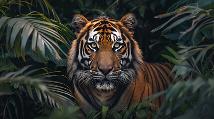 beautiful bengal tiger with lush green habitat, generative ai