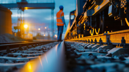 A railway worker by train at dusk. - obrazy, fototapety, plakaty