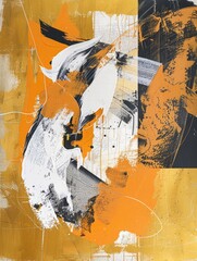 An abstract painting featuring bold strokes of yellow, black, and white colors, creating a dynamic and energetic composition on the canvas.