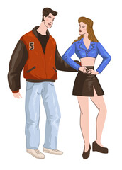 Couple from 90s, man and woman wearing outfits
