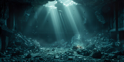 Under the water column in the sea cave are the ruined remains  - obrazy, fototapety, plakaty
