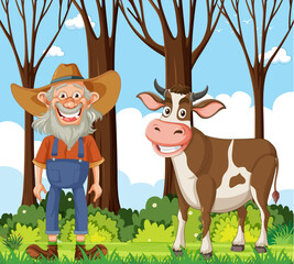 Obraz na płótnie Canvas Cheerful farmer standing next to a smiling cow.