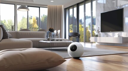 a home security camera in the modern minimal living room. security technology, smart digital lifestyle home automation control online futuristic. camera, iot, guard, sensor, cctv, home