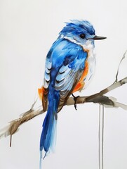 A painting of a bright blue bird standing on a tree branch, with a detailed background showcasing the artists skill in capturing nature.