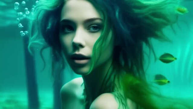 Portrait of mermaid woman underwater, beautiful girl in sea, Generative AI,