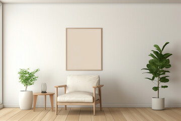 Relish simplicity in a serene beige living room with a single wooden chair, a lively plant, and an...