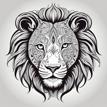Logo illustrion animail "Lion" black and white lines head of a lion exotic animal power sign icon