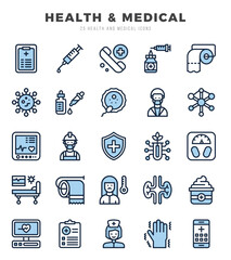 HEALTH & MEDICAL icons Pack. Two Color icons set. HEALTH & MEDICAL collection set. Simple vector icons.