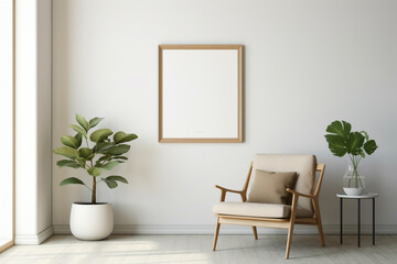 Fototapeta na wymiar Bask in the simplicity of a Scandinavian-inspired living space featuring a wooden chair, a green plant, and a blank frame awaiting your expression.