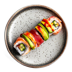  top view of a colorful Dragon Roll sushi arranged on a modern Japanese ceramic plate, food photography style isolated on a transparent  white background.