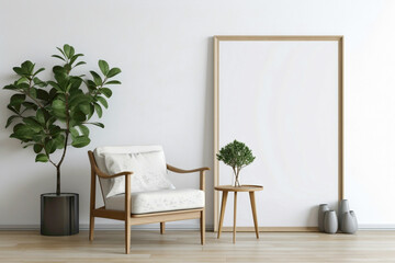 Capture of a minimalist living room with a single chair, potted plant, and an open frame for custom text.