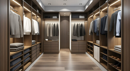 Modern walk-in closet with elegant wood finishes and organized clothing - obrazy, fototapety, plakaty