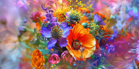 Wonder bouquet of impossible unique flowers on a magic table, dynamic very colorful and roughly background wallpaper 