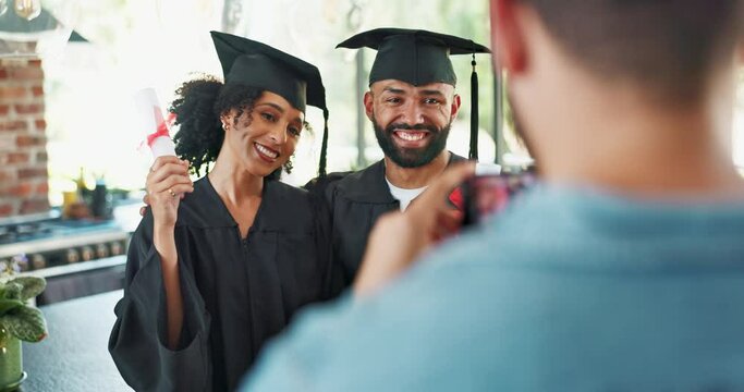 Graduation, students and friends with photography in home for diploma, academic achievement or success. Graduate, excited man and woman with phone for celebration, social media post or peace sign