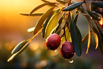 Olive tree branch with ripe olives on sunset background