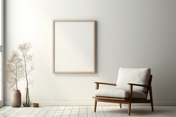 Tranquil living space featuring a single chair, a touch of nature, and an empty frame for your...