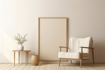 Warm and inviting beige-themed interior with a single chair, wooden elements, and an empty frame for copy text.