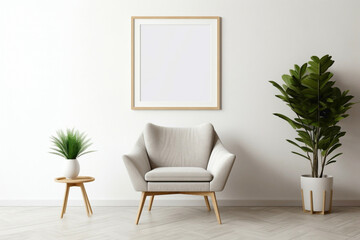 HD photograph of a Scandinavian-style living space with a single chair, plant, and an empty frame for creative text.