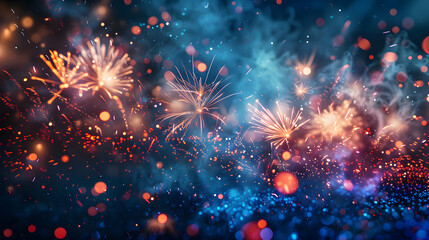 Fireworks light up the sky with red, blue, and gold colors. The background is filled with dark blue and red lights. - Powered by Adobe